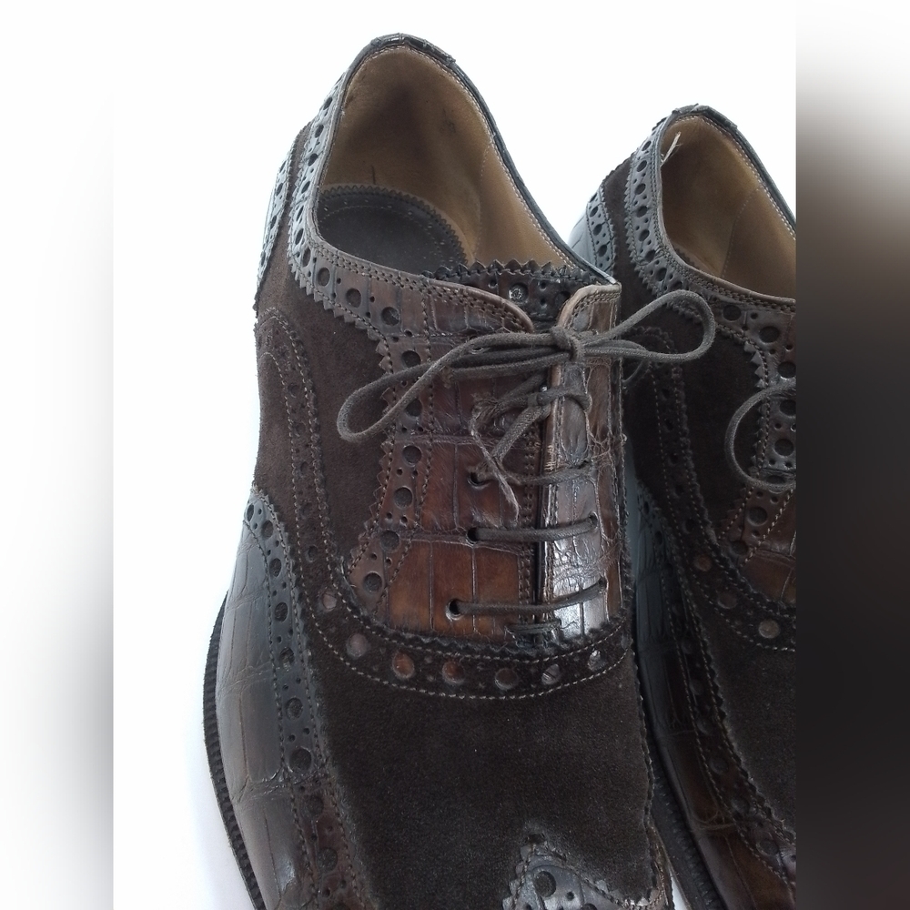 DI Bianco Scarpe Dress Shoe Oxford BROWN SUEDE & ALLIGATOR Wingtip Leather sz 10 - Picture 4 of 12